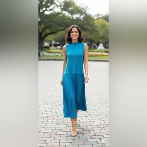 Avara Blue pleated bottom high neck sleeveless maxi dress size large